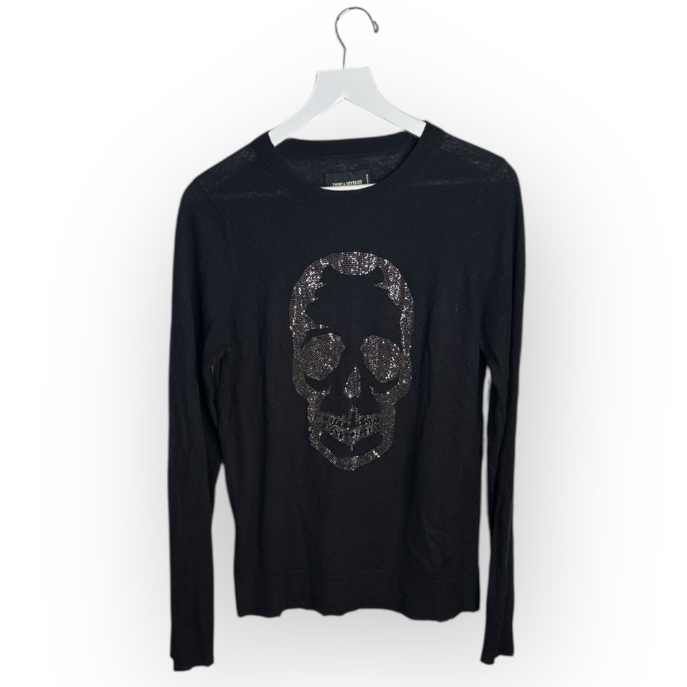 Zadig & Voltaire Black Cashmere Sweater with Silver Rhinestone Skull W1959 Sz L